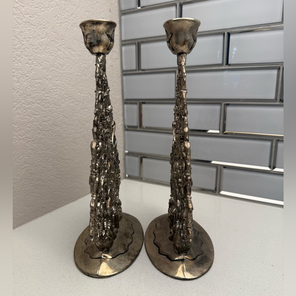 Vintage Enesco Silver Plated Christmas Tree Candle Holders Filigree-style Retro - Picture 3 of 16
